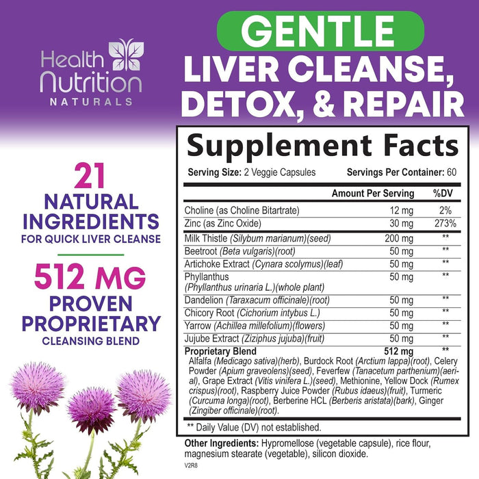 Gentle Liver Cleanse Detox & Repair Formula - Herbal Liver Support Supplement: Milk Thistle with Silymarin, Artichoke Extract, Dandelion, Beet, Chicory Root, & Turmeric for Liver Health