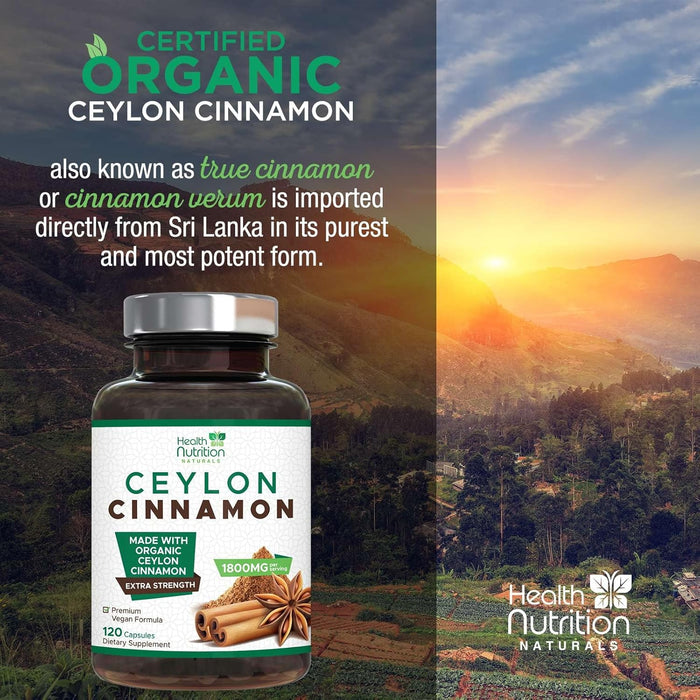 Organic Cinnamon Capsules 1800mg - Pure Ceylon Cinnamon Supplement, Certified Organic, Non-GMO, Gluten Free, Vegan, True Cinnamon Powder, Antioxidant Cinnamon Pills Supplement