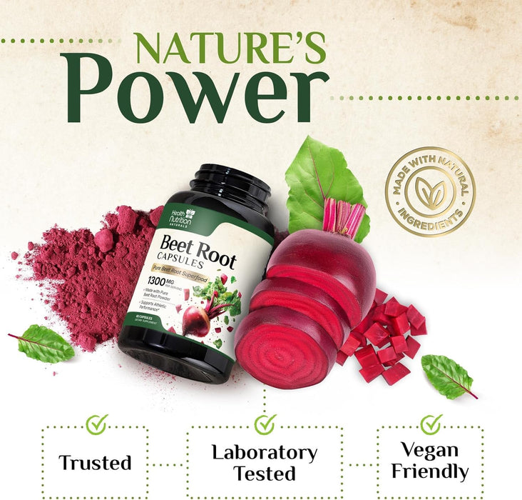 Beet Root Capsules 1300mg - Organic Extra Strength Red Beetroot Powder Supplement – Supports Nitric Oxide Production, Heart Health & Athletic Performance, Pure Beetroot Superfood – 60 Vegan Capsules
