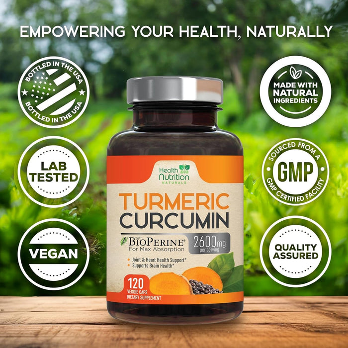 Turmeric Curcumin with BioPerine Black Pepper Extract 2600mg - High Absorption Ultra Potent Tumeric Herbal Supplement with 95% Curcuminoids, Nature's Turmeric for Joint Support, Non-GMO