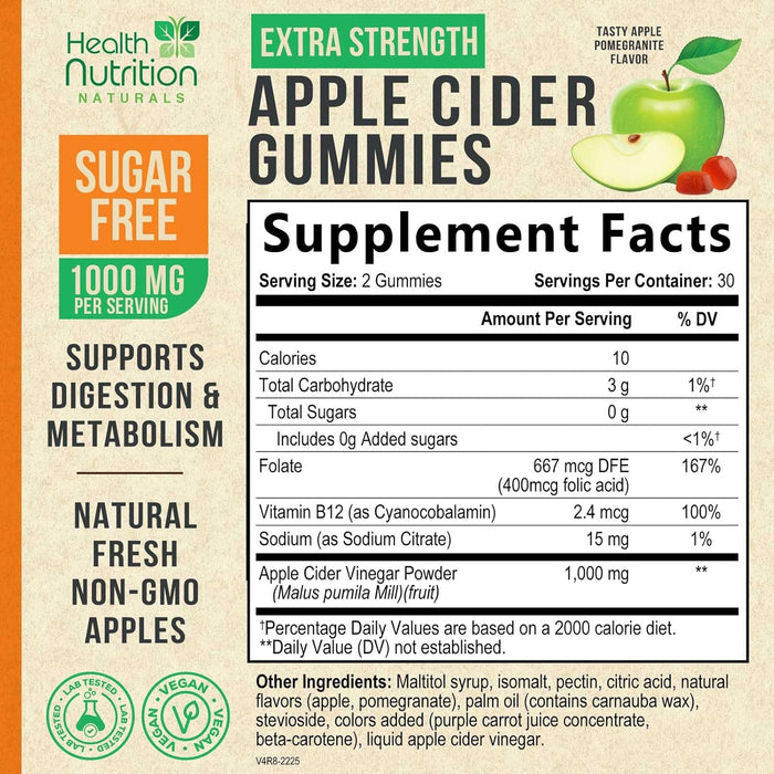 Vegan Apple Cider Vinegar Gummies | ACV Supplement, Advanced Weight Loss, Belly Fat Burn, Detox & Cleanse, Natural Apple Flavor, Non-GMO, Gluten Free Gummy for Adults