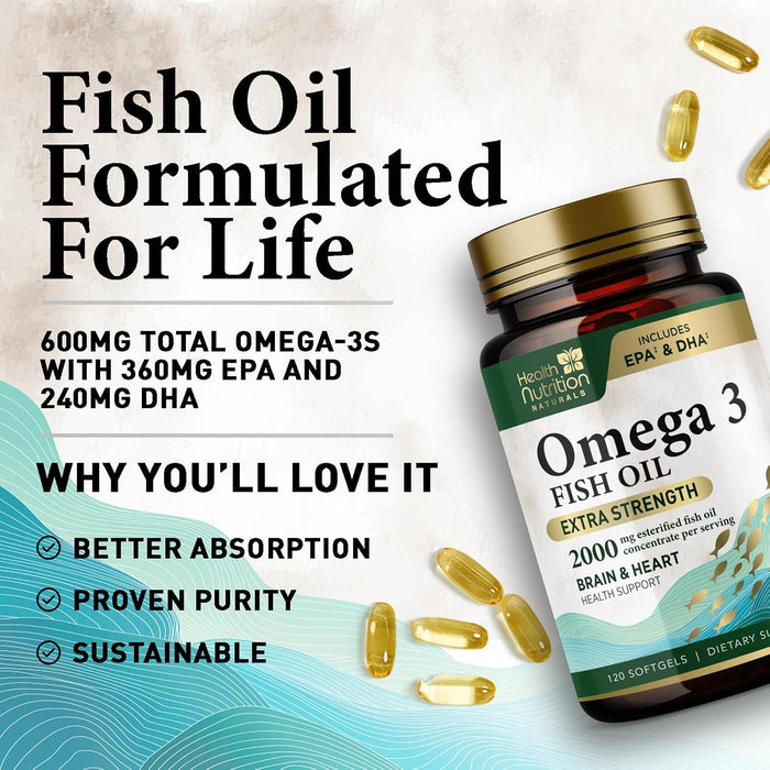 Omega 3 Fish Oil - Triple Strength EPA & DHA Fatty Acids - Natural Support for Brain & Heart Health, Fish Oil Joint Support Supplement - Non-GMO, Burpless Lemon Flavor Health Nutrition