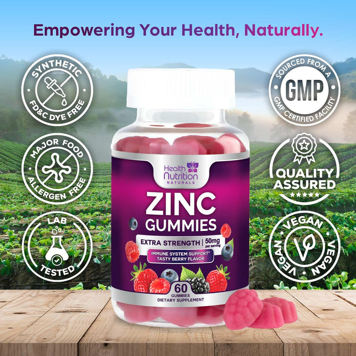 Zinc Supplement 50mg Gummies for Adults - Max Strength Skin Health & Immune Support Gummy, Vegan, Non-GMO & Gluten Free, Nature's Antioxidant & Bone Health Chewable Tasty Berry Flavor - 60 Gummies