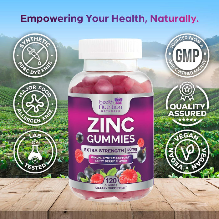 Zinc Supplement 50mg Gummies for Adults - Max Strength Skin Health & Immune Support Gummy, Vegan, Non-GMO & Gluten Free, Nature's Antioxidant & Bone Health Chewable Tasty Berry Flavor - 120 Gummies