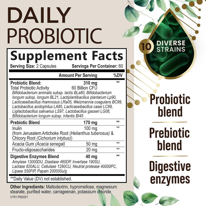 Daily Probiotics and Prebiotics 60 Billion CFU - 10 Diverse Strains for Digestion, Vaginal & Immune Health Support - Digestive Support for Men and Women, Dairy, Soy and Gluten Free