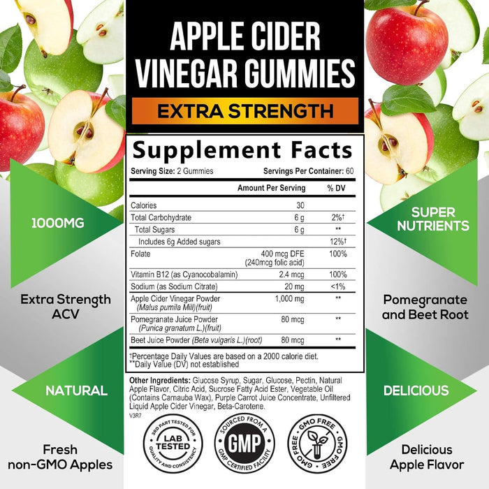 Vegan Apple Cider Vinegar Gummies | ACV Supplement, Advanced Weight Loss, Belly Fat Burn, Detox & Cleanse, Natural Apple Flavor, Non-GMO, Gluten Free Gummy for Adults