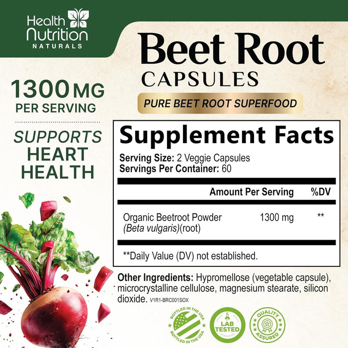 Beet Root Capsules 1300mg - Organic Extra Strength Red Beetroot Powder Supplement – Supports Nitric Oxide Production, Heart Health & Athletic Performance, Pure Beetroot Superfood – 120 Vegan Capsules