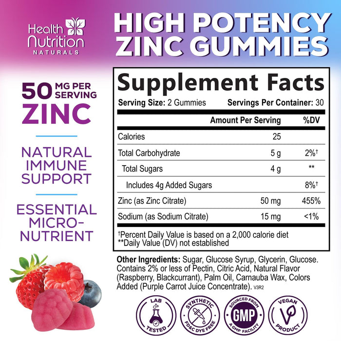 Zinc Supplement 50mg Gummies for Adults - Max Strength Skin Health & Immune Support Gummy, Vegan, Non-GMO & Gluten Free, Nature's Antioxidant & Bone Health Chewable Tasty Berry Flavor - 60 Gummies