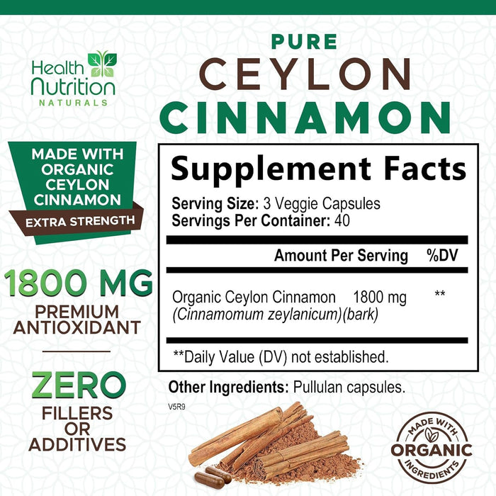 Organic Cinnamon Capsules 1800mg - Pure Ceylon Cinnamon Supplement, Certified Organic, Non-GMO, Gluten Free, Vegan, True Cinnamon Powder, Antioxidant Cinnamon Pills Supplement