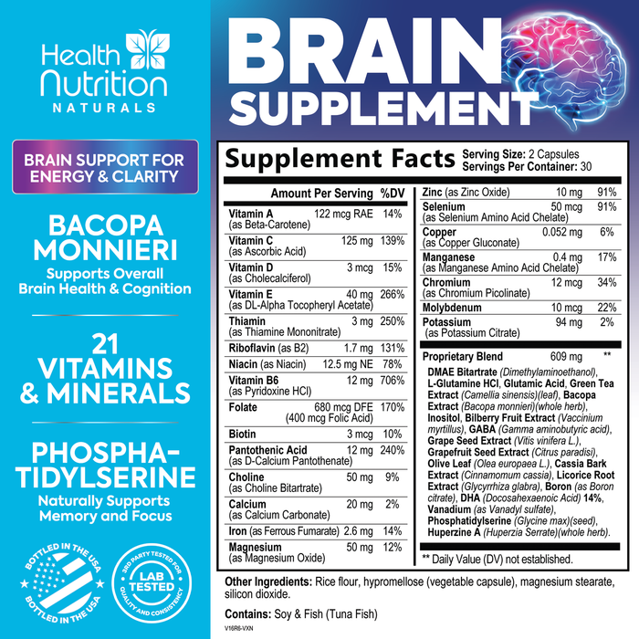 Nootropics Brain Supplement for Memory, Focus & Concentration - Nootropic Booster for Energy & Mind Clarity with Bacopa Monnieri DMAE & Phosphatidylserine for Men & Women