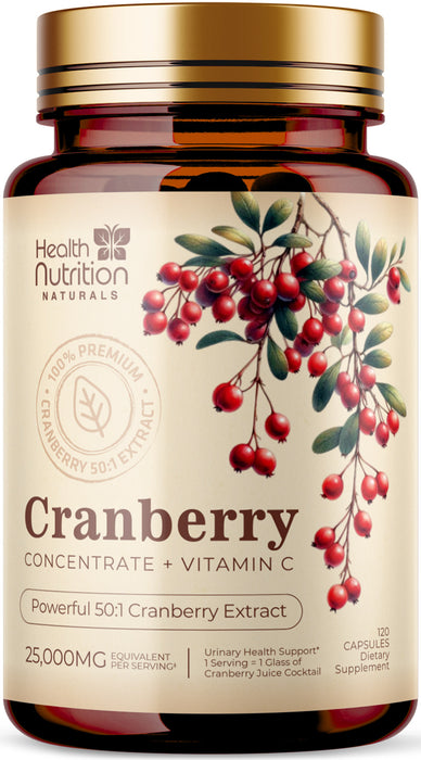 Cranberry Pills 50:1 Concentrate Extract + Vitamin C - 25,000mg High Potency Formula - Supports Urinary Tract Health, Non-GMO, Gluten-Free, Natural Cranberry Supplement for Women & Men