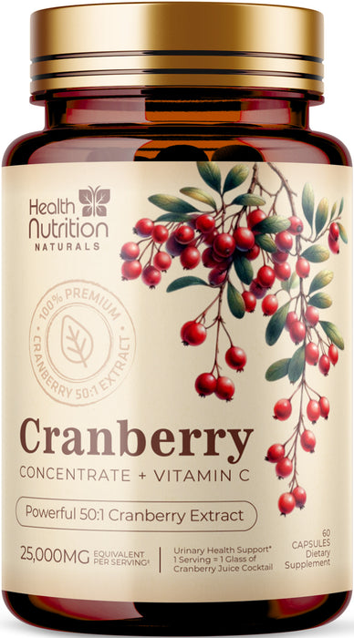 Cranberry Pills 50:1 Concentrate Extract + Vitamin C - 25,000mg High Potency Formula - Supports Urinary Tract Health, Non-GMO, Gluten-Free, Natural Cranberry Supplement for Women & Men