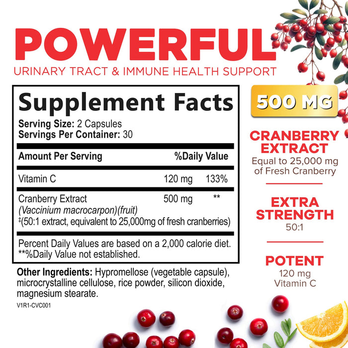 Cranberry Pills 50:1 Concentrate Extract + Vitamin C - 25,000mg High Potency Formula - Supports Urinary Tract Health, Non-GMO, Gluten-Free, Natural Cranberry Supplement for Women & Men