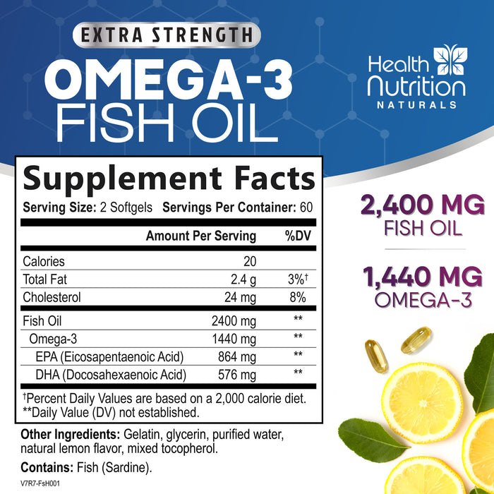 Fish Oil 2400 mg with Omega 3 EPA & DHA - Triple Strength Omega 3 Supplement - Omega 3 Fish Oil Supports Heart Health Natural's Brain & Immune Support - Non-GMO Fish Oil Supplements