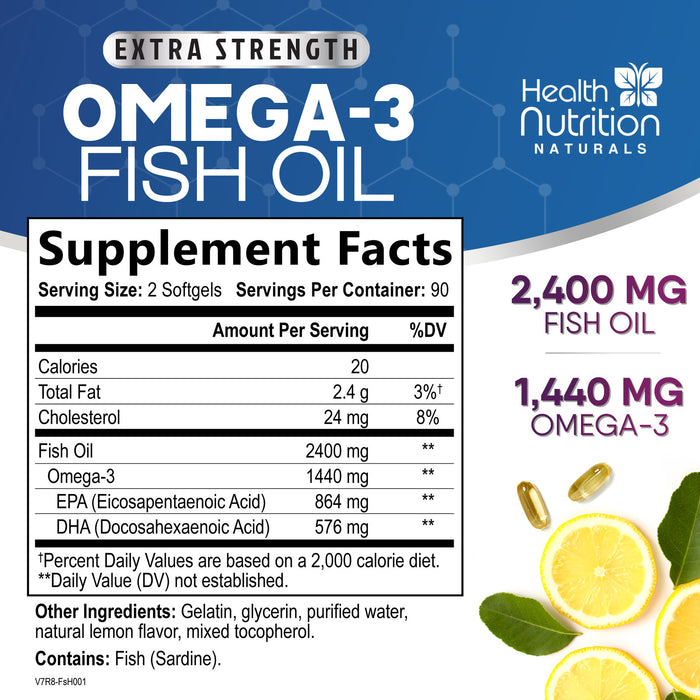 Fish Oil 2400 mg with Omega 3 EPA & DHA - Triple Strength Omega 3 Supplement - Omega 3 Fish Oil Supports Heart Health Natural's Brain & Immune Support - Non-GMO Fish Oil Supplements