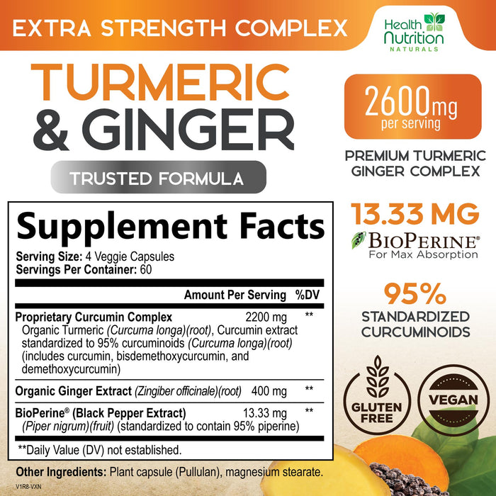 Turmeric Curcumin 95% Standardized with Ginger and BioPerine 2600mg - Black Pepper for High Absorption, Made in USA, Vegan Joint Support, Turmeric Ginger Supplement