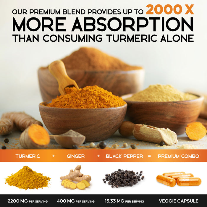 Turmeric Curcumin 95% Standardized with Ginger and BioPerine 2600mg - Black Pepper for High Absorption, Made in USA, Vegan Joint Support, Turmeric Ginger Supplement