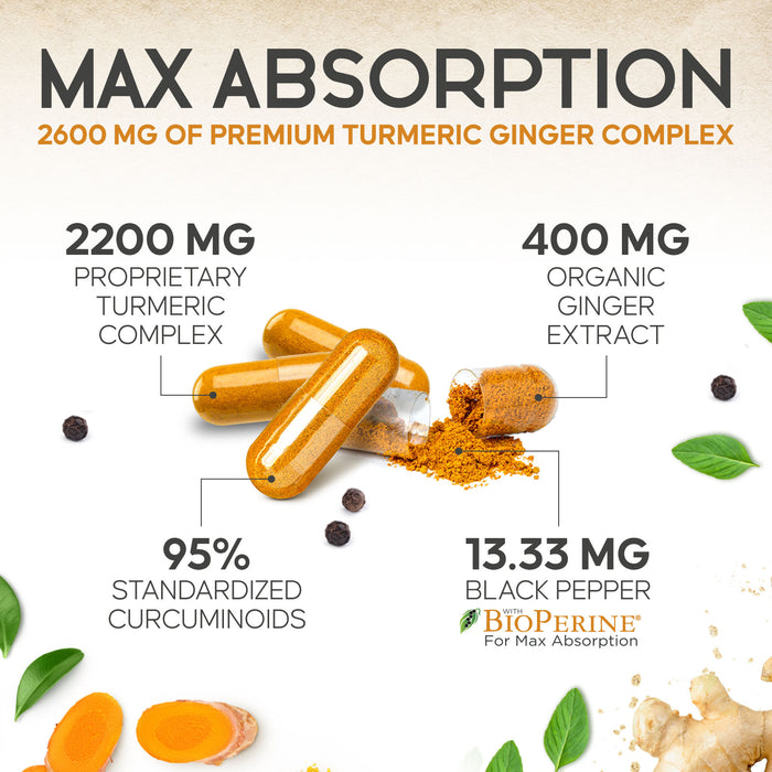 Turmeric Curcumin 95% Standardized with Ginger and BioPerine 2600mg - Black Pepper for High Absorption, Made in USA, Vegan Joint Support, Turmeric Ginger Supplement