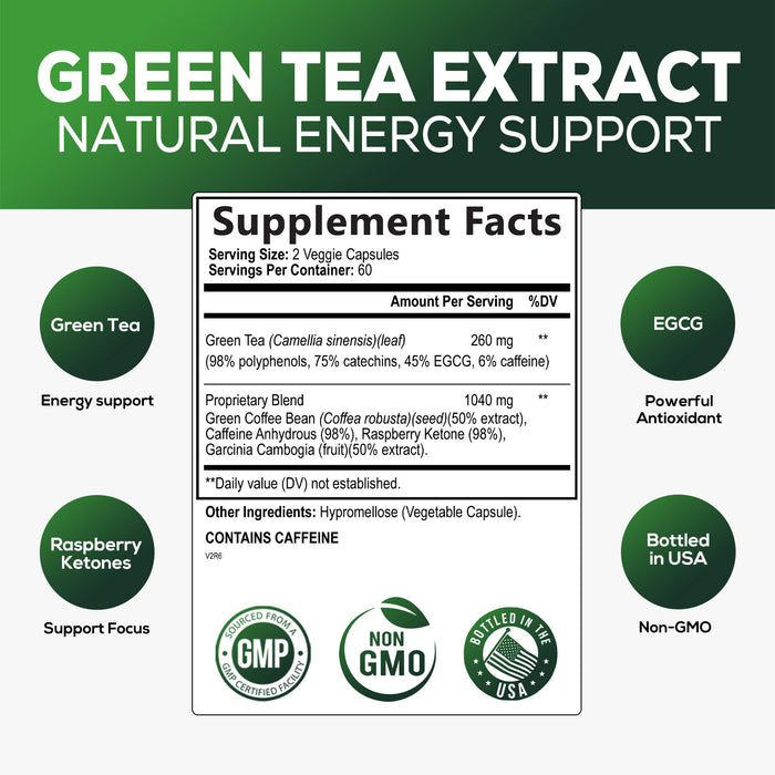 Green Tea Extract 98% Standardized EGCG 1300mg for Natural Energy, Supports Heart Health with Antioxidants, Polyphenols, Gentle Caffeine, Bottled in USA