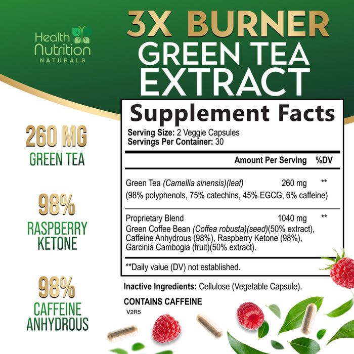 Green Tea Extract 98% Standardized EGCG 1300mg for Natural Energy, Supports Heart Health with Antioxidants, Polyphenols, Gentle Caffeine, Bottled in USA