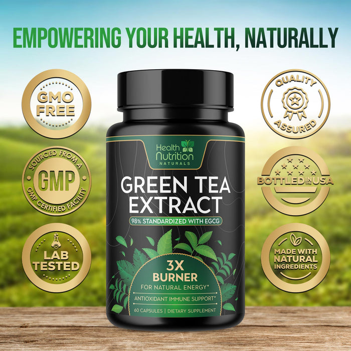 Green Tea Extract 98% Standardized EGCG 1300mg for Natural Energy, Supports Heart Health with Antioxidants, Polyphenols, Gentle Caffeine, Bottled in USA