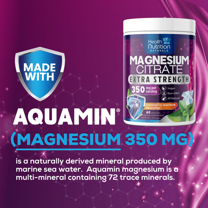 Magnesium Powder Supplement - Magnesium Citrate Powder Drink Mix Unflavored Made with Aquamin Magnesium - Bone, Heart & Muscle Support, Sugar Free, Gluten Free, Vegan, & Non-GMO - 60 Servings