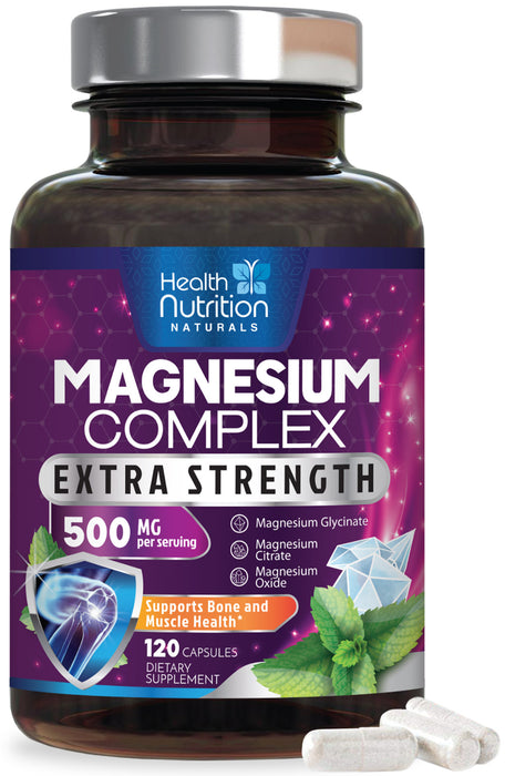 Magnesium Complex 500mg - Magnesium Supplement with Glycinate, Oxide, Malate, Citrate - High Absorption Chelated Magnesium Capsules for Muscle, Heart, Bone, Nerve Support, Non-GMO