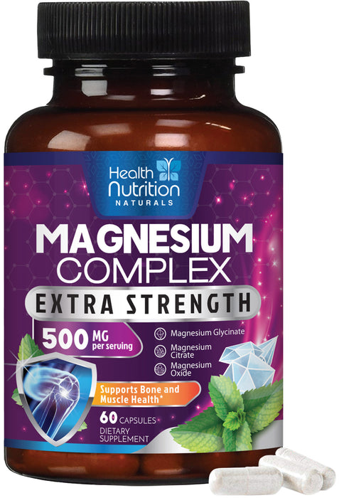 Magnesium Complex 500mg - Magnesium Supplement with Glycinate, Oxide, Malate, Citrate - High Absorption Chelated Magnesium Capsules for Muscle, Heart, Bone, Nerve Support, Non-GMO