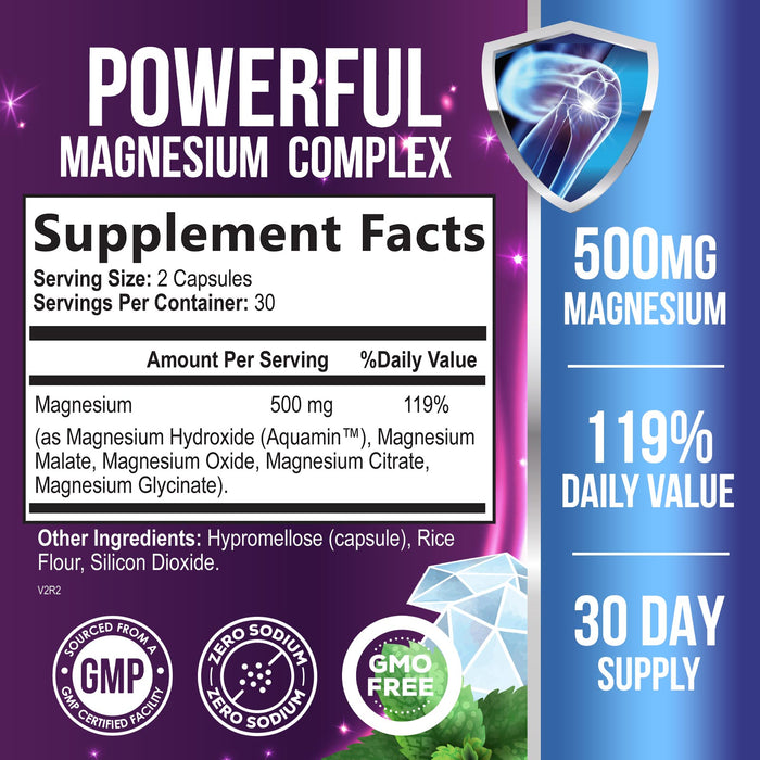 Magnesium Complex 500mg - Magnesium Supplement with Glycinate, Oxide, Malate, Citrate - High Absorption Chelated Magnesium Capsules for Muscle, Heart, Bone, Nerve Support, Non-GMO