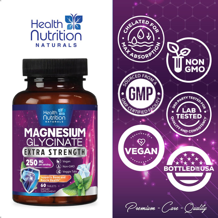 Magnesium Glycinate Extra Strength 425 mg - 100% Chelated High Absorption with Calcium for Bone, Muscle Cramps, Heart, Sleep Support, Non-GMO, Vegan, Gluten & Soy Free Health Supplement