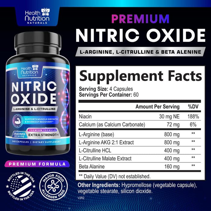 Extra Strength Nitric Oxide Supplement L Arginine 3X Strength - Citrulline Malate, AAKG, Beta Alanine - Premium Muscle Supporting Nitric Booster for Energy & Strength to Train Harder