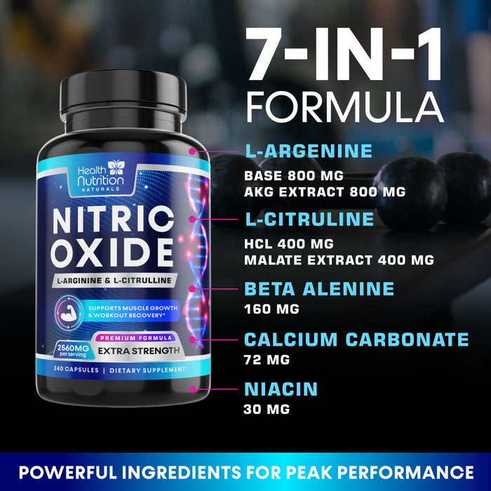 Extra Strength Nitric Oxide Supplement L Arginine 3X Strength - Citrulline Malate, AAKG, Beta Alanine - Premium Muscle Supporting Nitric Booster for Energy & Strength to Train Harder