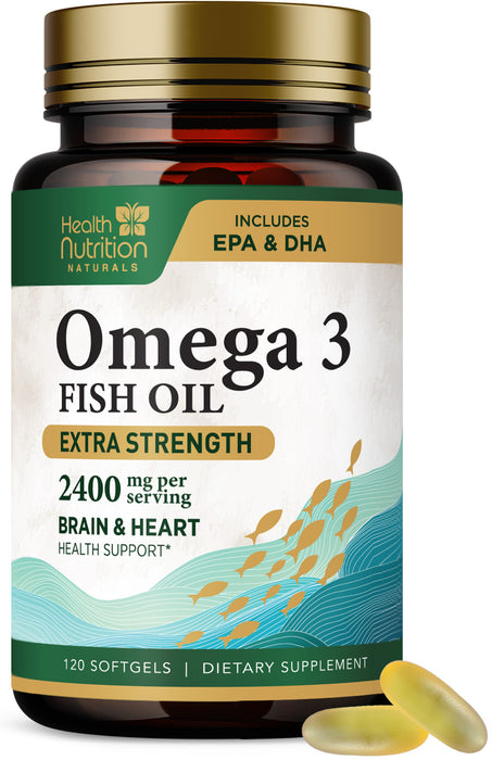 Omega 3 Fish Oil Triple Strength 1200 mg, Omega-3 Supplements, Natural Brain Heart Health & Immune Support - Fatty Acids with EPA & DHA - Wild Caught Purified Fish Oil Supplement - 120 Softgels