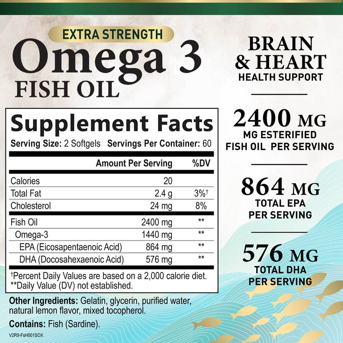 Omega 3 Fish Oil - Triple Strength EPA & DHA Fatty Acids - Natural Support for Brain & Heart Health, Fish Oil Joint Support Supplement - Non-GMO, Burpless Lemon Flavor Health Nutrition