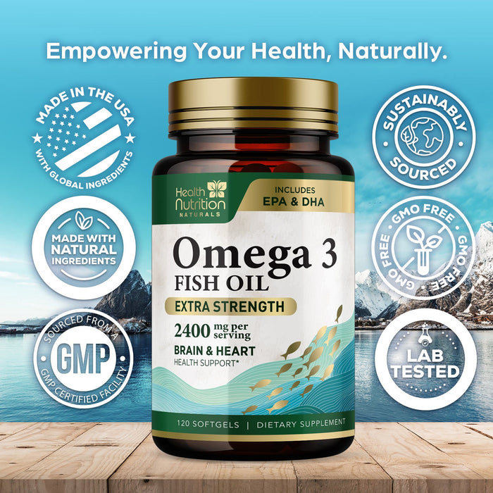 Omega 3 Fish Oil - Triple Strength EPA & DHA Fatty Acids - Natural Support for Brain & Heart Health, Fish Oil Joint Support Supplement - Non-GMO, Burpless Lemon Flavor Health Nutrition