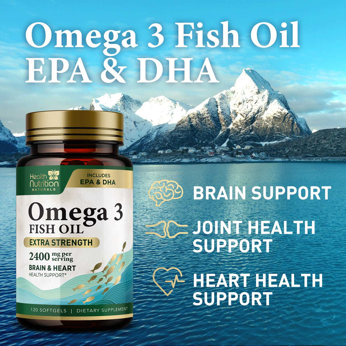 Omega 3 Fish Oil - Triple Strength EPA & DHA Fatty Acids - Natural Support for Brain & Heart Health, Fish Oil Joint Support Supplement - Non-GMO, Burpless Lemon Flavor Health Nutrition