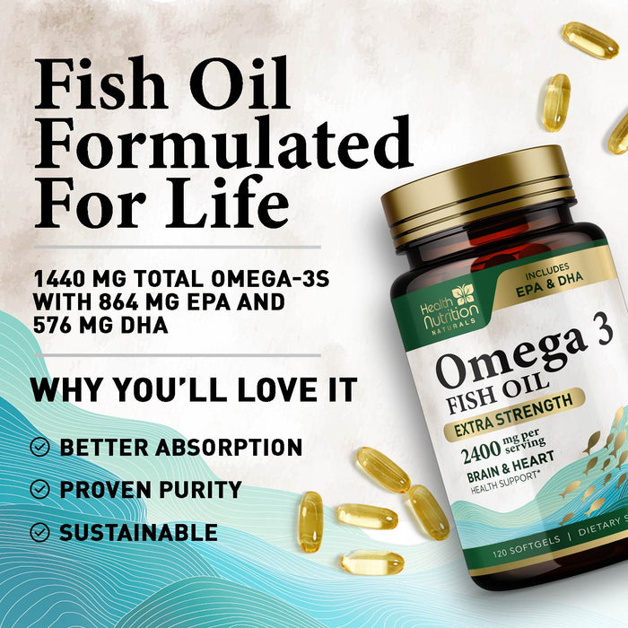 Omega 3 Fish Oil - Triple Strength EPA & DHA Fatty Acids - Natural Support for Brain & Heart Health, Fish Oil Joint Support Supplement - Non-GMO, Burpless Lemon Flavor Health Nutrition