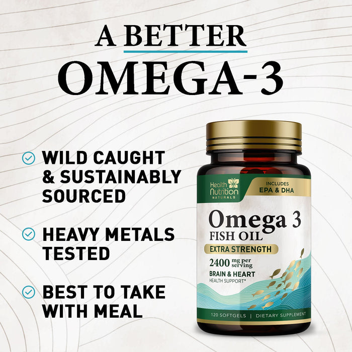 Omega 3 Fish Oil - Triple Strength EPA & DHA Fatty Acids - Natural Support for Brain & Heart Health, Fish Oil Joint Support Supplement - Non-GMO, Burpless Lemon Flavor Health Nutrition