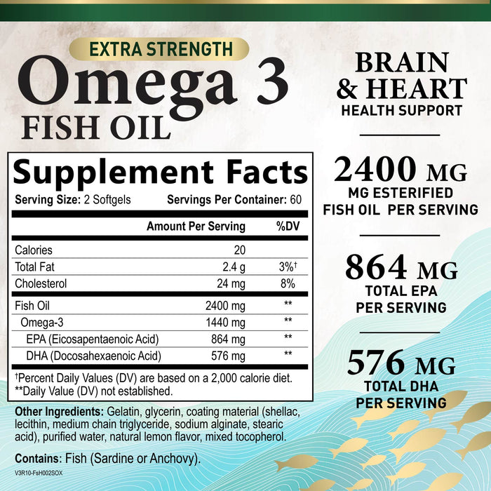 Omega 3 Fish Oil Triple Strength 1200 mg, Omega-3 Supplements, Natural Brain Heart Health & Immune Support - Fatty Acids with EPA & DHA - Wild Caught Purified Fish Oil Supplement - 120 Softgels