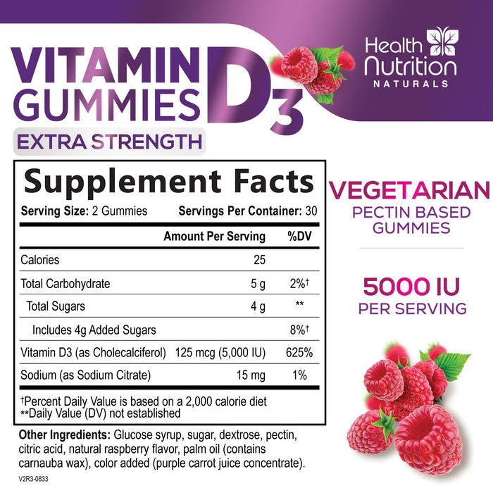 Vitamin D3 Gummies 5,000 IU - Highly Concentrated Vitamin D Gummy to Support Bone Health and Natural Immune Support - Delicious Non-GMO Raspberry Gummy for Children, Adults, and Seniors