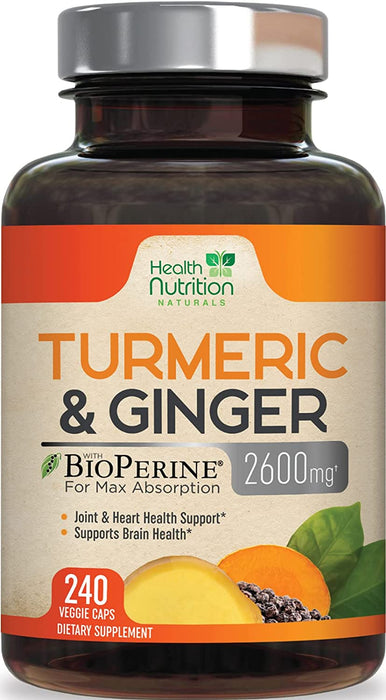 Turmeric Curcumin 95% Standardized with Ginger and BioPerine 2600mg - Black Pepper for High Absorption, Made in USA, Vegan Joint Support, Turmeric Ginger Supplement