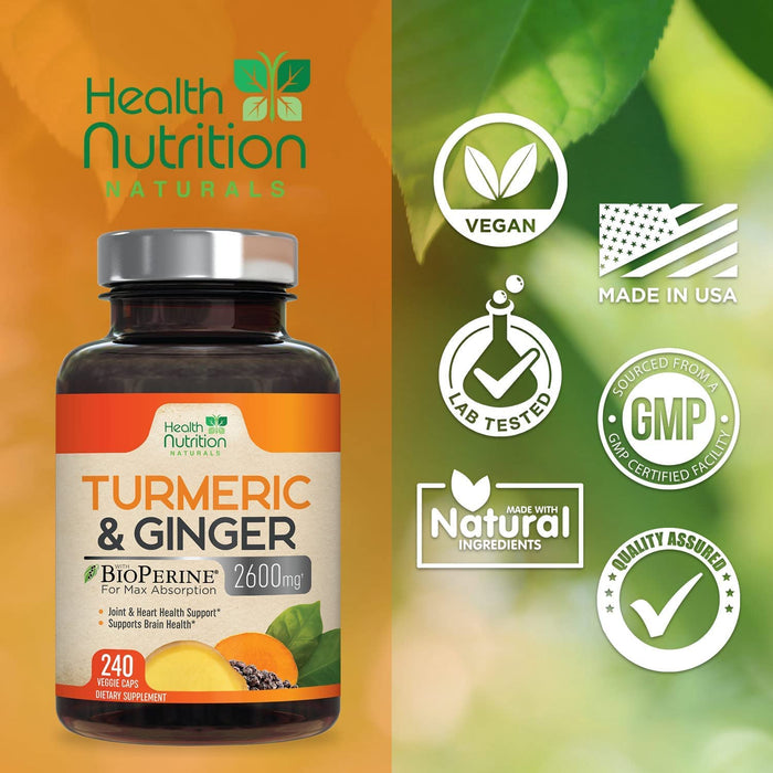 Turmeric Curcumin 95% Standardized with Ginger and BioPerine 2600mg - Black Pepper for High Absorption, Made in USA, Vegan Joint Support, Turmeric Ginger Supplement