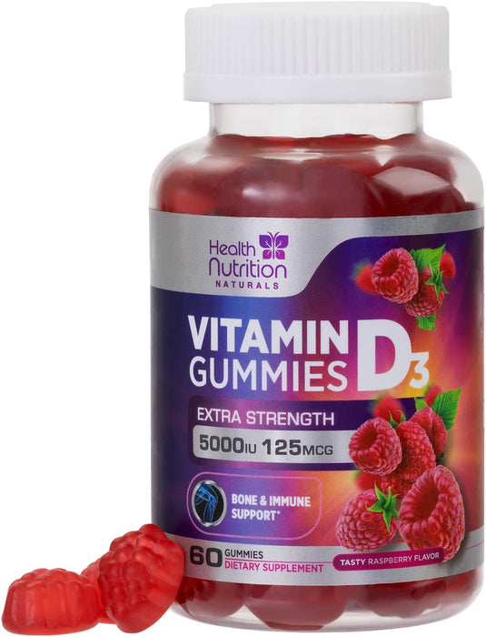 Vitamin D3 Gummies 5,000 IU - Highly Concentrated Vitamin D Gummy to Support Bone Health and Natural Immune Support - Delicious Non-GMO Raspberry Gummy for Children, Adults, and Seniors