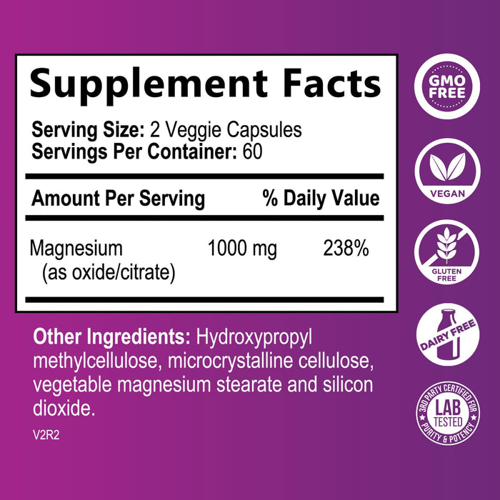 Magnesium Citrate 1000mg - Max Strength Magnesium Capsules for Muscle, Nerve, Bone and Heart Health Support, Natural Sleep Support, High Absorption Citrate Oxide Powder Complex - Parent