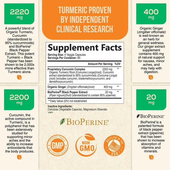 Turmeric Curcumin 95% Standardized with Ginger and BioPerine 2600mg - Black Pepper for High Absorption, Made in USA, Vegan Joint Support, Turmeric Ginger Supplement